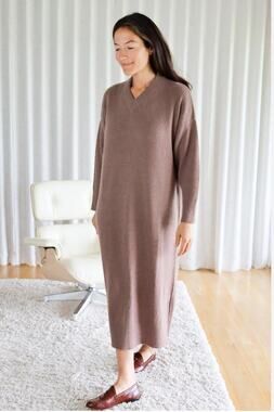 Monica Cordera Baby Alpaca V-Neck Dress in Cognac Womans One Size